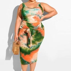 2 piece tye dye skirt set, 2x, Green, coral, and white